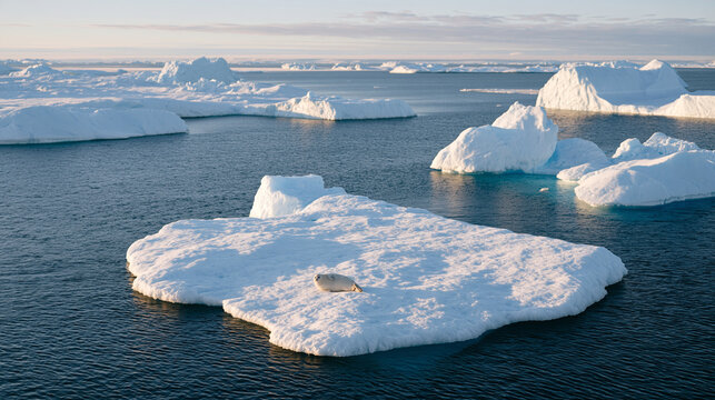 Melting sea ice viewed from above with a lone ringed seal resting on the last remaining floe amid open dark water, diminishing habitat, ice dependent species stress, Arctic