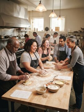 A diverse group of adults laughs while kneading dough and making fresh pasta together during a hands on cooking class in a kitchen.