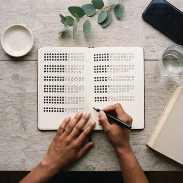 Close up top view of hands writing in a habit tracker notebook filled with dot grid checklists on a wooden table.