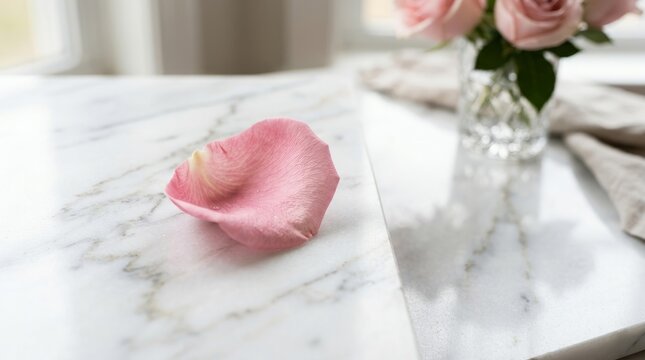 Pink rose petal resting on elegant marble surface with floral arrangement.