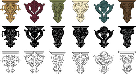 Vintage baroque architectural corbel bracket vector set featuring classical furniture pillar ornaments colorful silhouettes and detailed line art designs. © AFSANA AKTER