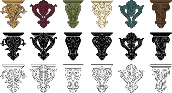 Vintage baroque architectural corbel bracket vector set featuring classical furniture pillar ornaments colorful silhouettes and detailed line art designs.