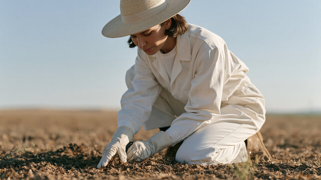 A forensic ecologist collecting dead insect specimens from a farmland field completely void of wildflowers, pollinator collapse, insecticide overuse impact, agricultural