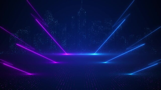 Light rays form a futuristic audio spectrum glowing digital grid spacious dark copy area. music visualizers, DJ events, podcasts, concerts, nightclub screens, electronic intros and energetic broadcast