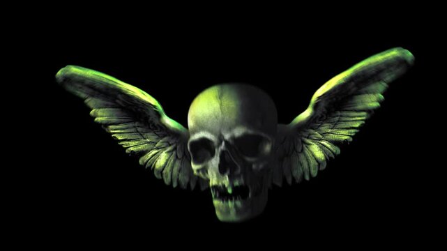 A strange, eerie flying skull with bird-like wings, animated in a handmade stop-motion puppet style. This seamless loop is ideal as an overlay, floating element, or composited layer for horror, gothic