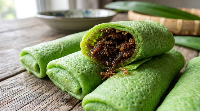 Hyper Realistic 9K Diagonal Angle Close Up Kuih Ketayap Pandan Crepe Roll with Sweet Palm Sugar Coconut Food Photography