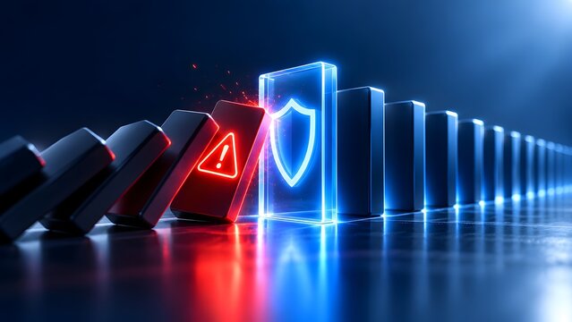 Falling dominoes with red alert symbols stopped by a glowing blue shield block representing proactive risk management and strong digital cybersecurity protection