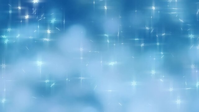 キラキラ輝く雪と水の抽象的な背景、寒色系玉ボケと幻想的な光の冬のバックグラウンド　舞い降りる雪の結晶のパーティクル