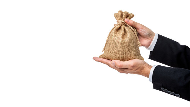 Business man hand holding small burlap money sack isolated on transparent background.