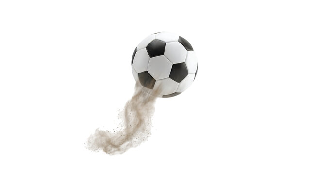 A classic black and white soccer ball with dust trail isolated on transparent background