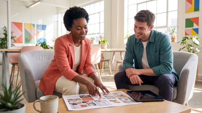 Businesswoman presenting a mood board to a colleague in a lounge area