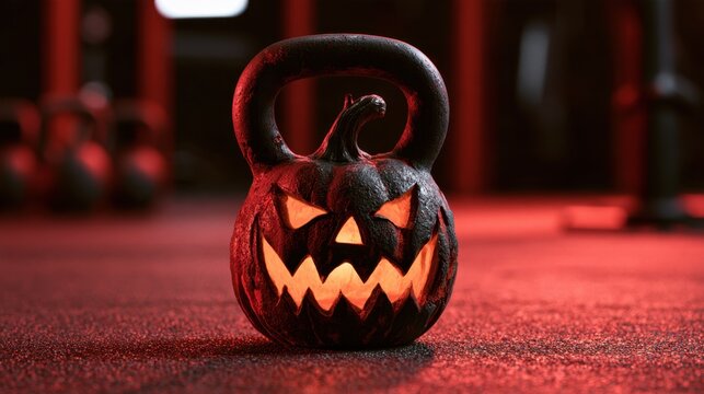 Spooky Halloween pumpkin carved face kettlebell used for fitness training with eerie orange glow on dark gym floor surface