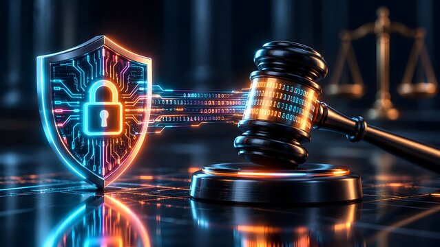 Judge gavel emitting a glowing binary data stream toward a digital circuit shield with a padlock illustrating cyber security legislation and strict data protection laws