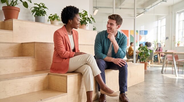 Young professionals talking in office lounge