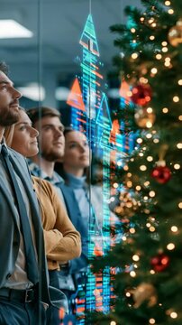 Vertical video - Diverse Team Celebrating Success Beside Office Christmas Tree