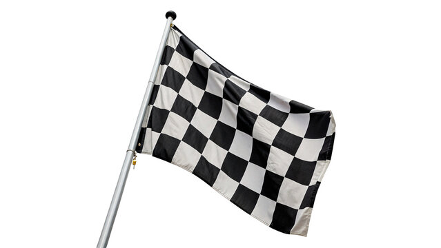 Waving black and white checkered racing finish flag isolated on transparent background.