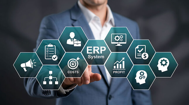 Businessman interacting with digital ERP system interface with business icons