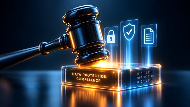 Judge gavel resting on a glowing glass block with data protection compliance text representing corporate cybersecurity regulation and digital privacy laws