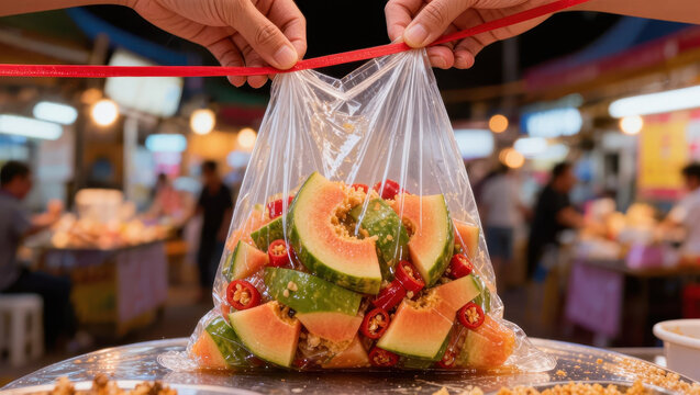 Clear plastic bag containing watermelon and chili pepper slices at busy food market