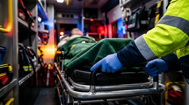 Paramedic in blue gloves pushing patient on stretcher inside ambulance with emergency lights