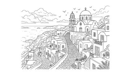 Fototapeta premium Santorini Greece Coastal Village Detailed Line Drawing on Tablet