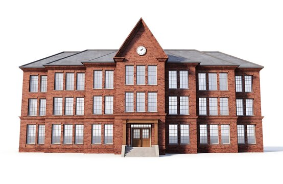 Classic red brick school building architecture with large glass