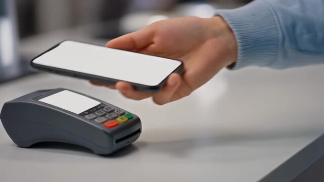 Person paying with smartphone contactless NFC on credit card terminal