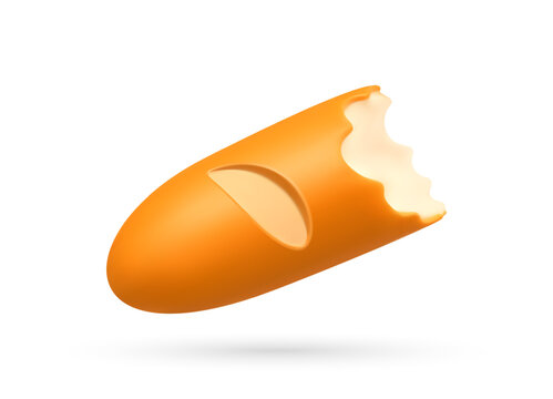 Baguette with bite taken out. 3d vector render of fresh bread loaf with crusty bite mark on white background. Bakery product concept for food design and grocery advertising.