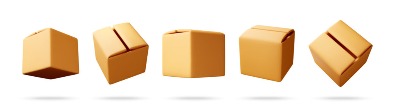 Set of brown cardboard boxes floating in air on white background. 3d render of closed carton package boxes in different positions.