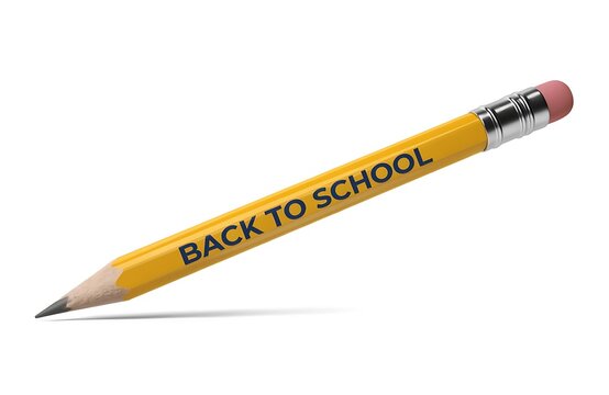 Single yellow pencil inscribed with back to school text on white surface