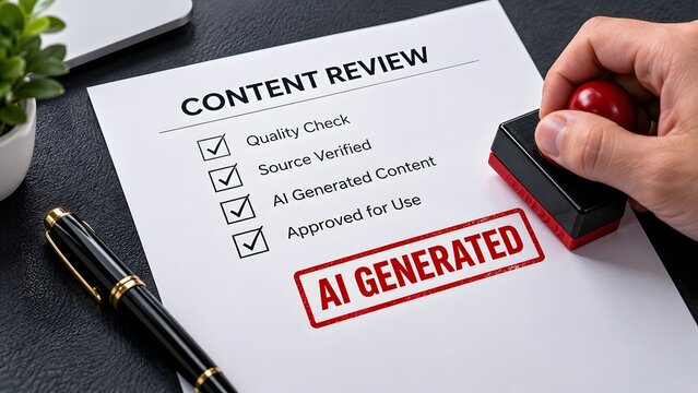 Hand stamping AI generated label on content review checklist document representing quality control compliance and verification process in digital media production