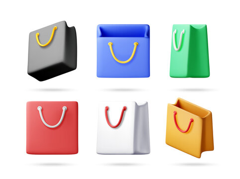 A collection of six colorful 3D rendered shopping bags is displayed. They are presented in various angles and shades, against a clean white background.