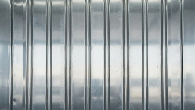 Industrial corrugated metal texture, shiny silver chrome steel panel with vertical ridges, reflective metallic surface background for construction and architectural design