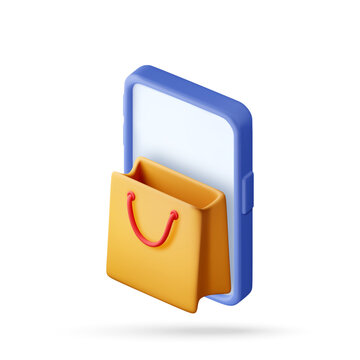 Shopping bag emerging from a blue smartphone display. This 3D render symbolizes convenient mobile purchasing. It represents the concept of online shopping and e-commerce.