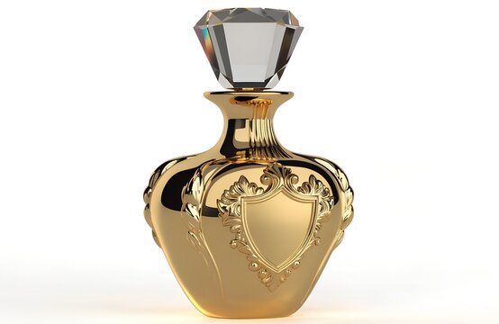 Gold luxury perfume bottle with a crystal diamond-shaped stopper