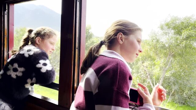Twin girls on train journey through countryside takes in scenery through windows