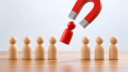 Obraz premium Large red magnet lifting distinct red wooden figure from row of plain pegs representing targeted talent acquisition candidate selection and employee recognition