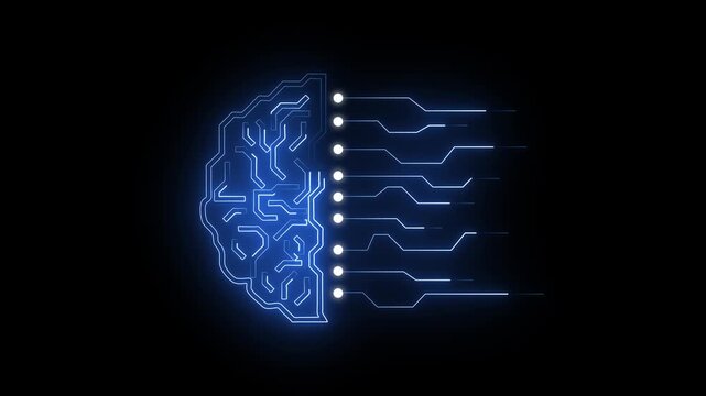 Brain animation integrates digital circuitry and data connections. Artificial intelligence machine learning guides the brain animation. Neural computing processor hardware drives this active brain.