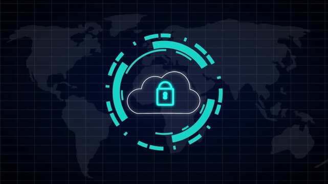 Cloud security icon animation pulses over a digital world map grid. International database data privacy protection guards the icon. Global encrypted cloud server networks power the security icon.