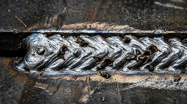 Close up shot of a strong industrial metal welding seam with metallic texture, shiny silver ripples, dark carbon slag and robust.