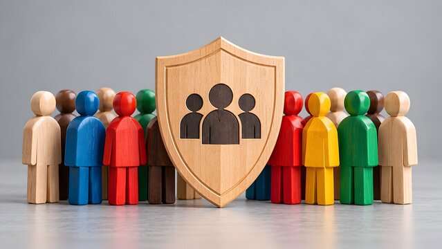 Wooden shield icon standing in front of diverse colorful wooden figures representing cybersecurity data protection privacy employee safety and corporate risk management