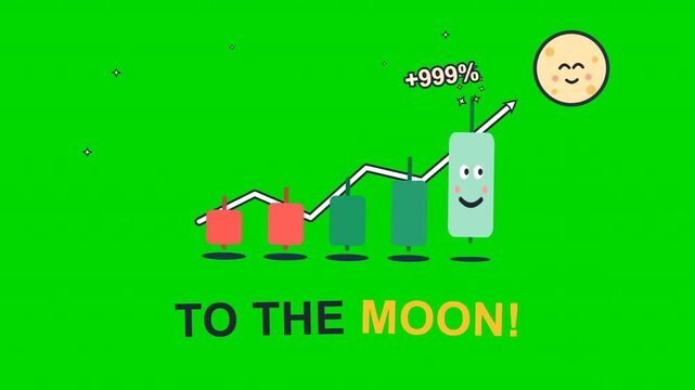 Animated candlestick chart showing exponential growth to the moon on a green screen background.