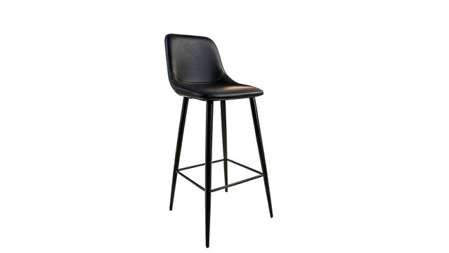 Modern minimalist black bar stool chair leather seat isolated on transparent background.