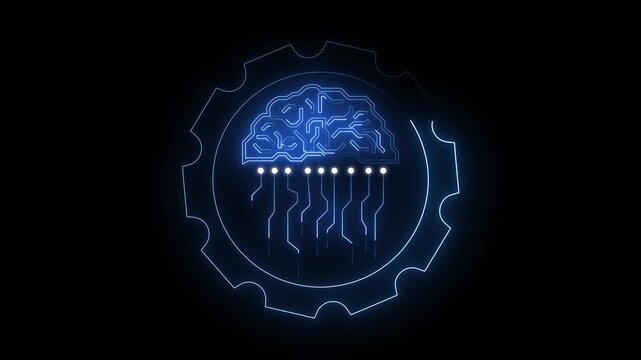 Digital brain icon animation pulses inside an industrial gear cog. Artificial intelligence machine learning computing drives the icon. Smart automated neural engineering operates with brain icon.