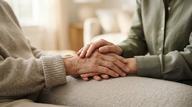 Compassionate elderly care and support, caregiver holding senior hands with empathy, comforting touch for aging patient in home nursing setting
