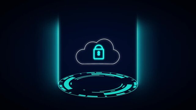 Cloud security icon animation rests on a platform with light beams. Server database privacy protection verifies on the security icon. Encrypted network data archiving relies on the security icon.