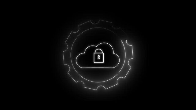 Cloud security icon animation pulses inside a turning gear cog. Industrial database privacy protection guards the cloud security icon. Automated server data archiving routes through the icon.