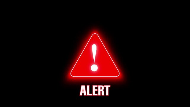 Alert triangle animation flashes with an exclamation symbol. Critical hazard warning notifications flash on alert triangle. Emergency system danger alerts trigger across alert triangle.