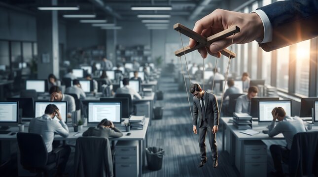 Businessman puppet controlled by giant hand in an office environment.