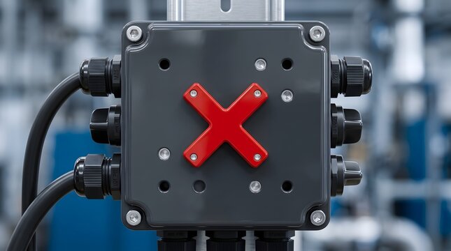 Dark electrical junction box with red cross seal for industrial equipment.